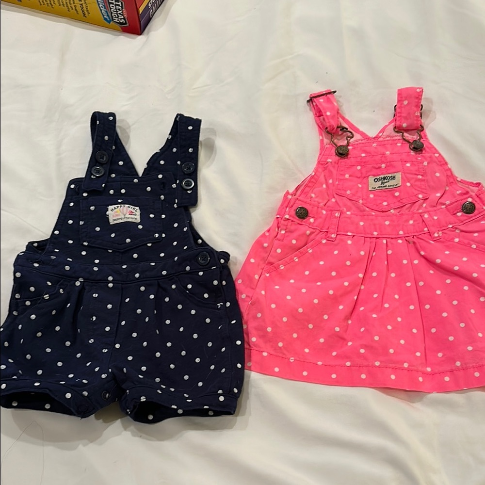 OshKosh B'gosh Pink Polka Dot overall dress and carters shorts overalls.